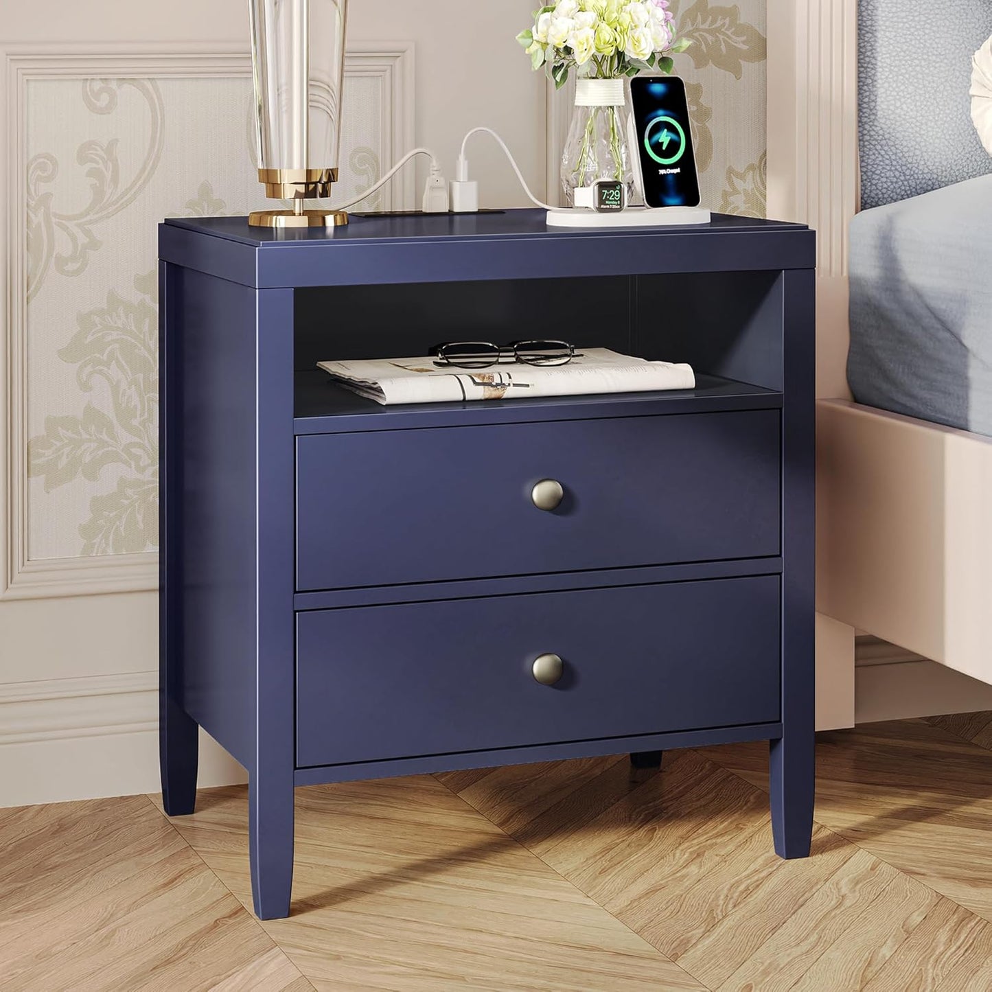 Huuger Nightstand with Charging Station and 2 Drawers for Storage