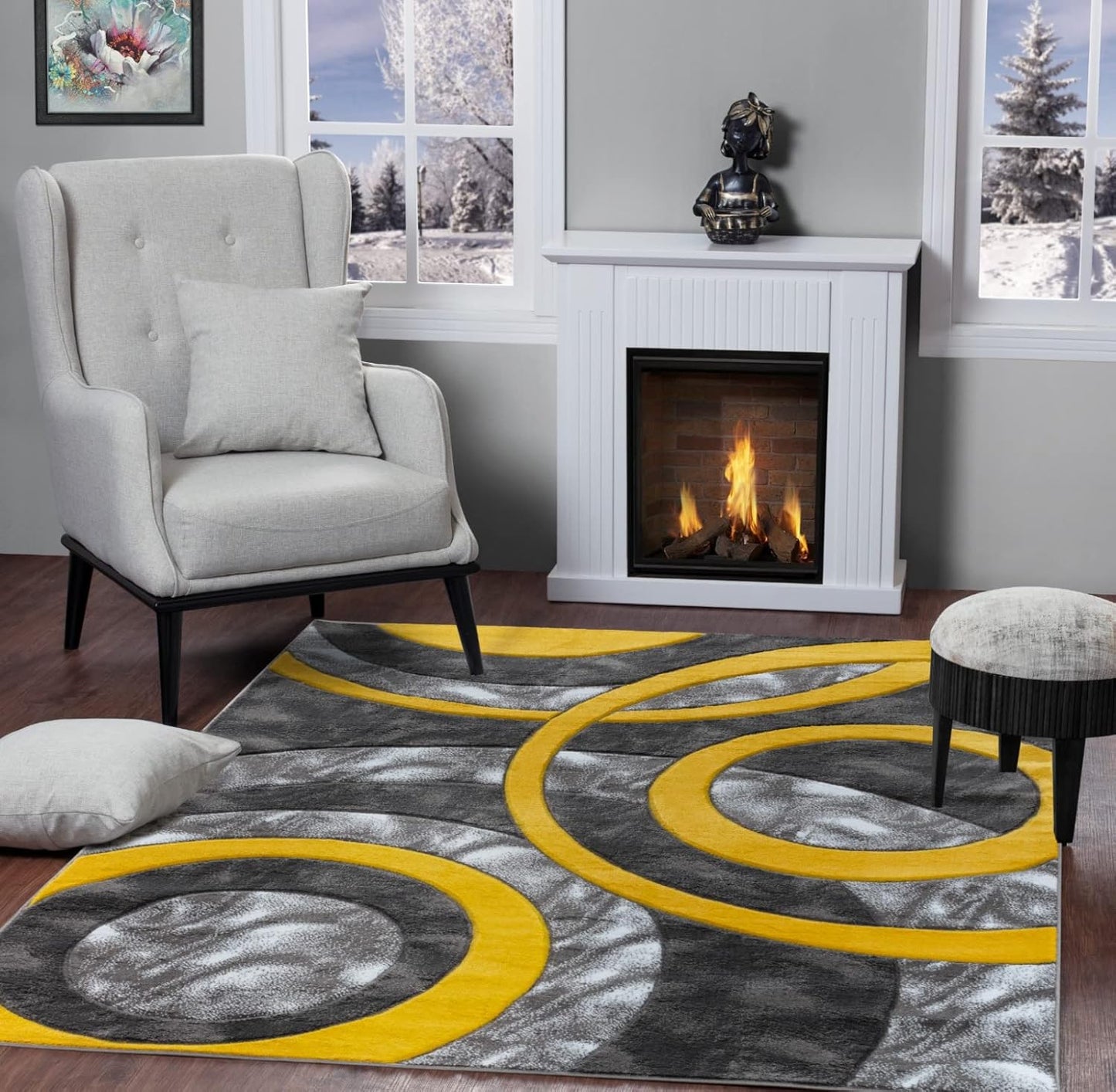 Modern 4x6 Yellow Circles Area Rug for Living Room and Bedroom