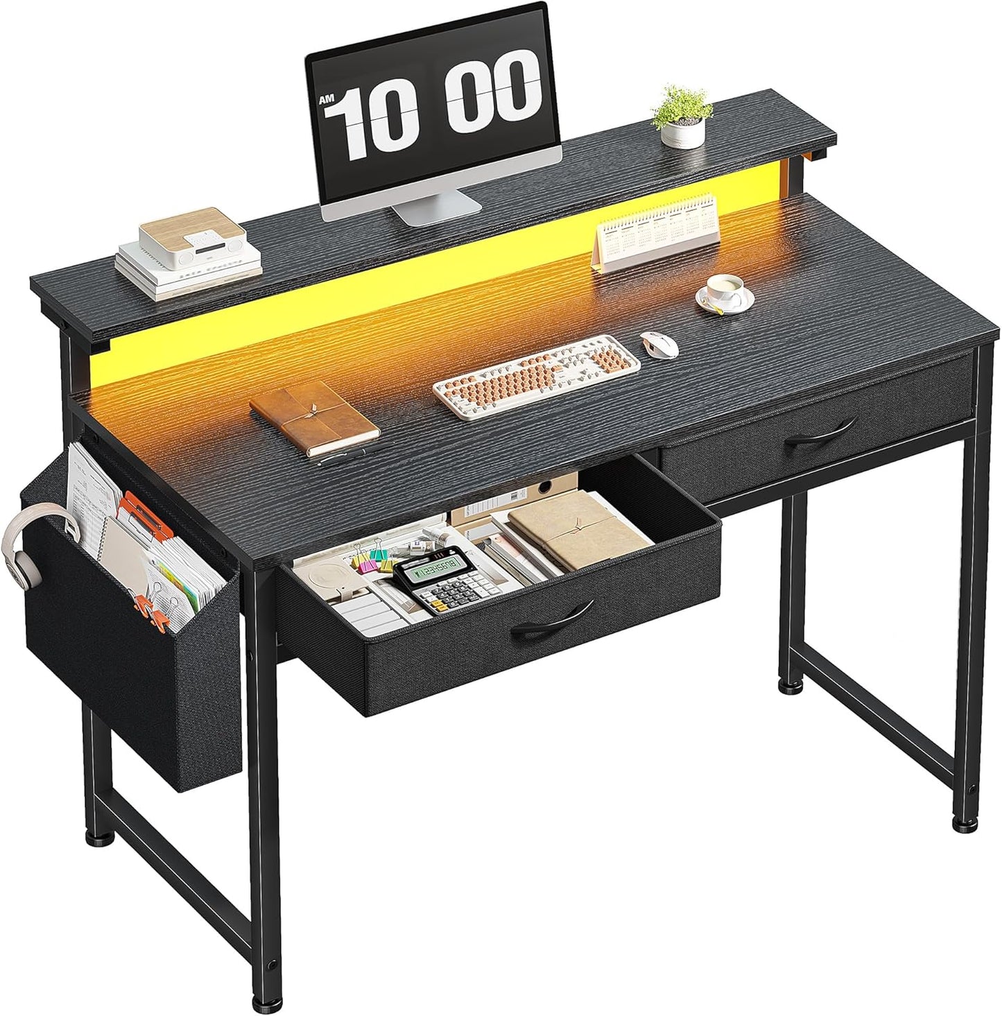 Gaming Desk with LED Lights & Ergonomic Monitor Stand for Home