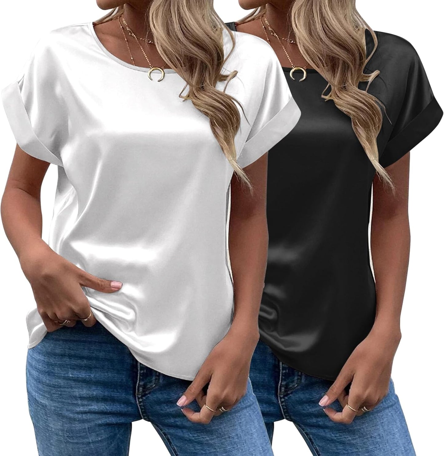 Chigant Women's Short Sleeve Satin Blouses for Casual Style