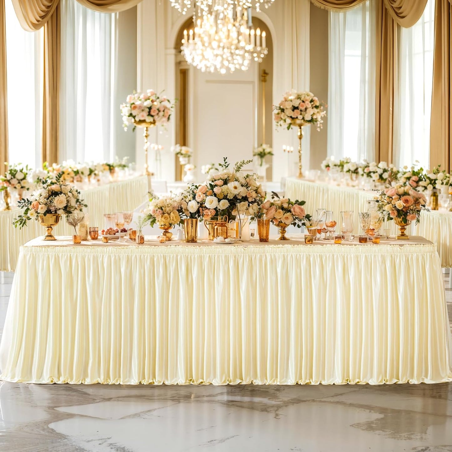21ft Champagne Satin Table Skirt for Elegant Party Decor
