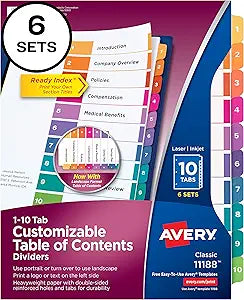 Avery 10-Tab Dividers for 3 Ring Binders with Customizable Tabs