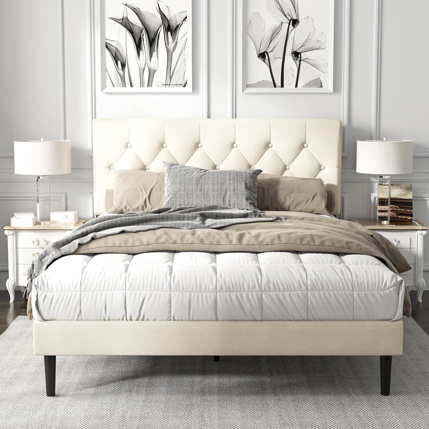 Queen Size Platform Bed Frame with Upholstered Headboard