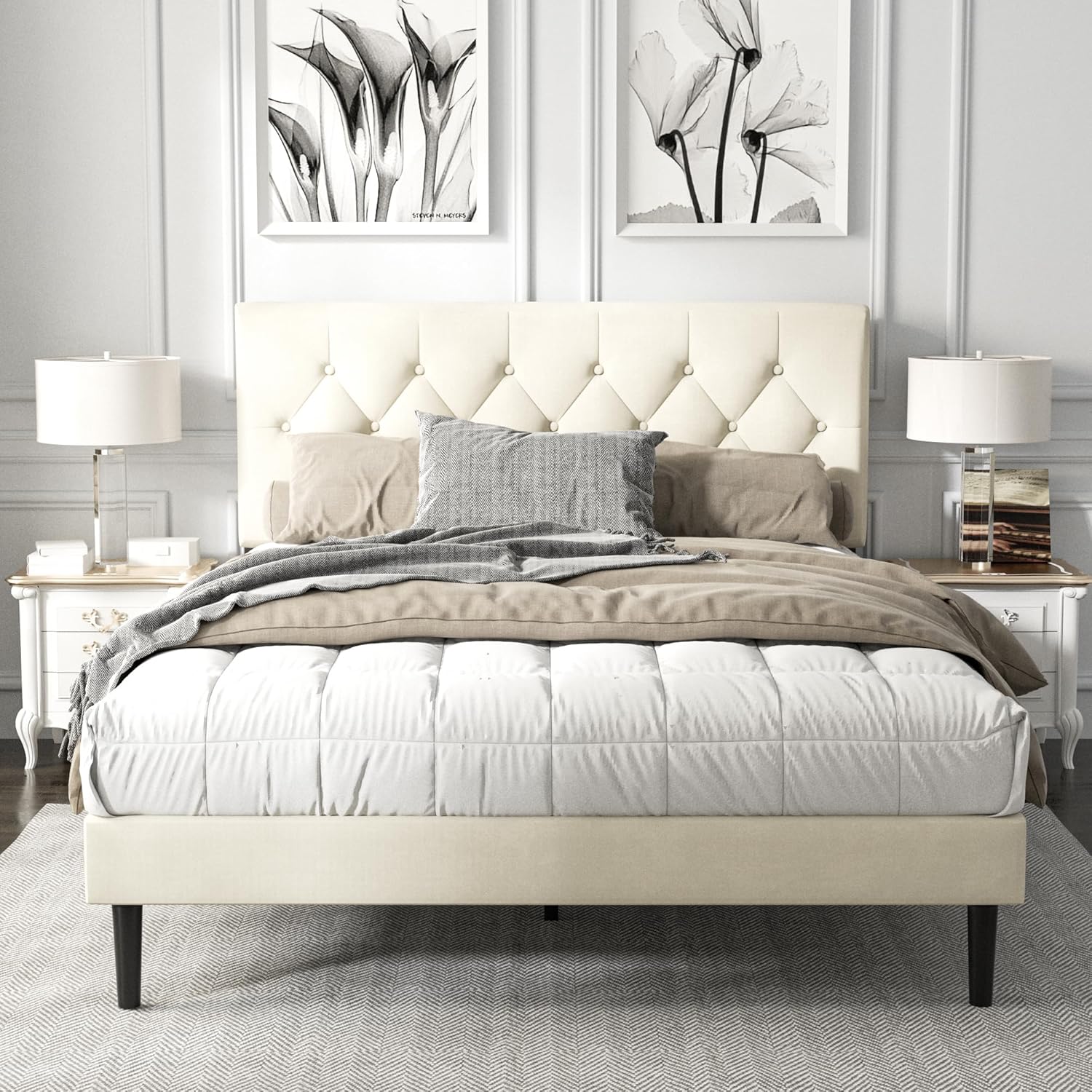Queen Size Platform Bed Frame with Upholstered Headboard