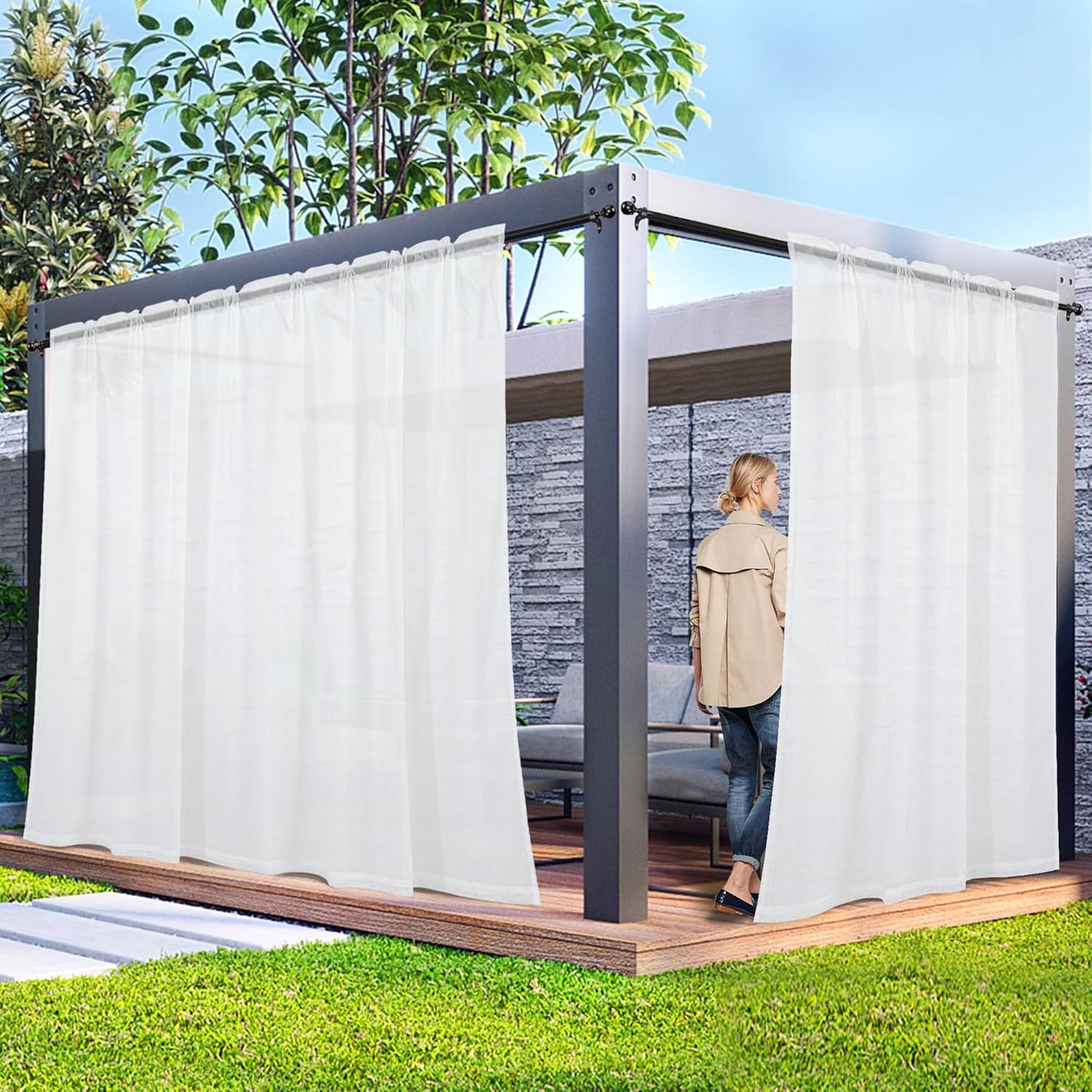 2 Panels Outdoor Sheer Curtains for Patio Privacy Protection