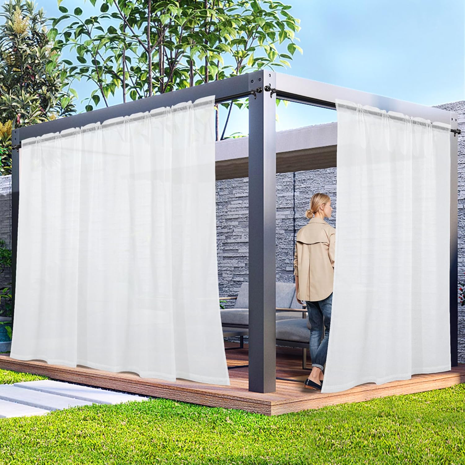2 Panels Outdoor Sheer Curtains for Patio Privacy Protection