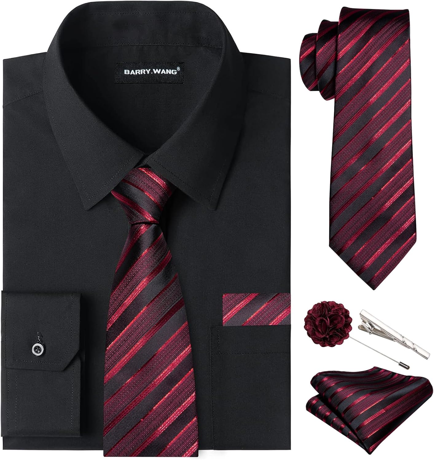 Barry.Wang Solid Colors Mens Dress Shirt and Tie Set for All Occasions