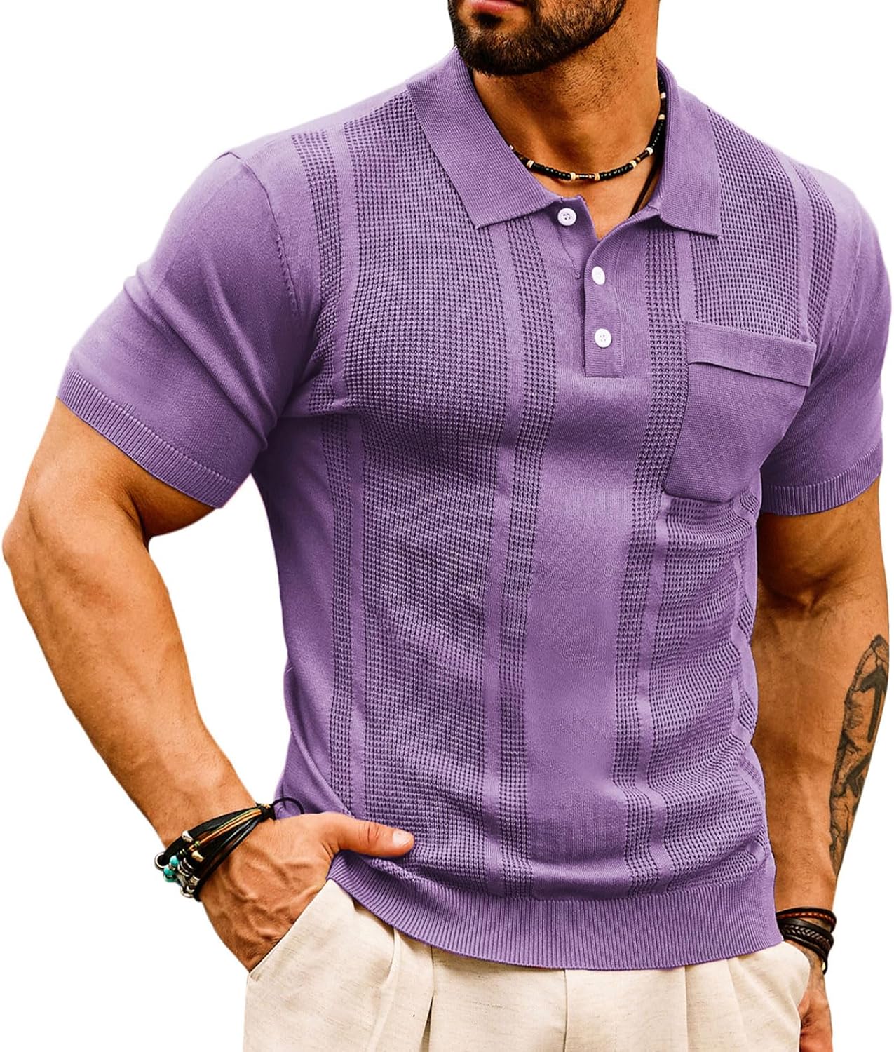 Mens Knit Polo Shirts by GRACE KARIN - Lightweight Waffle Design