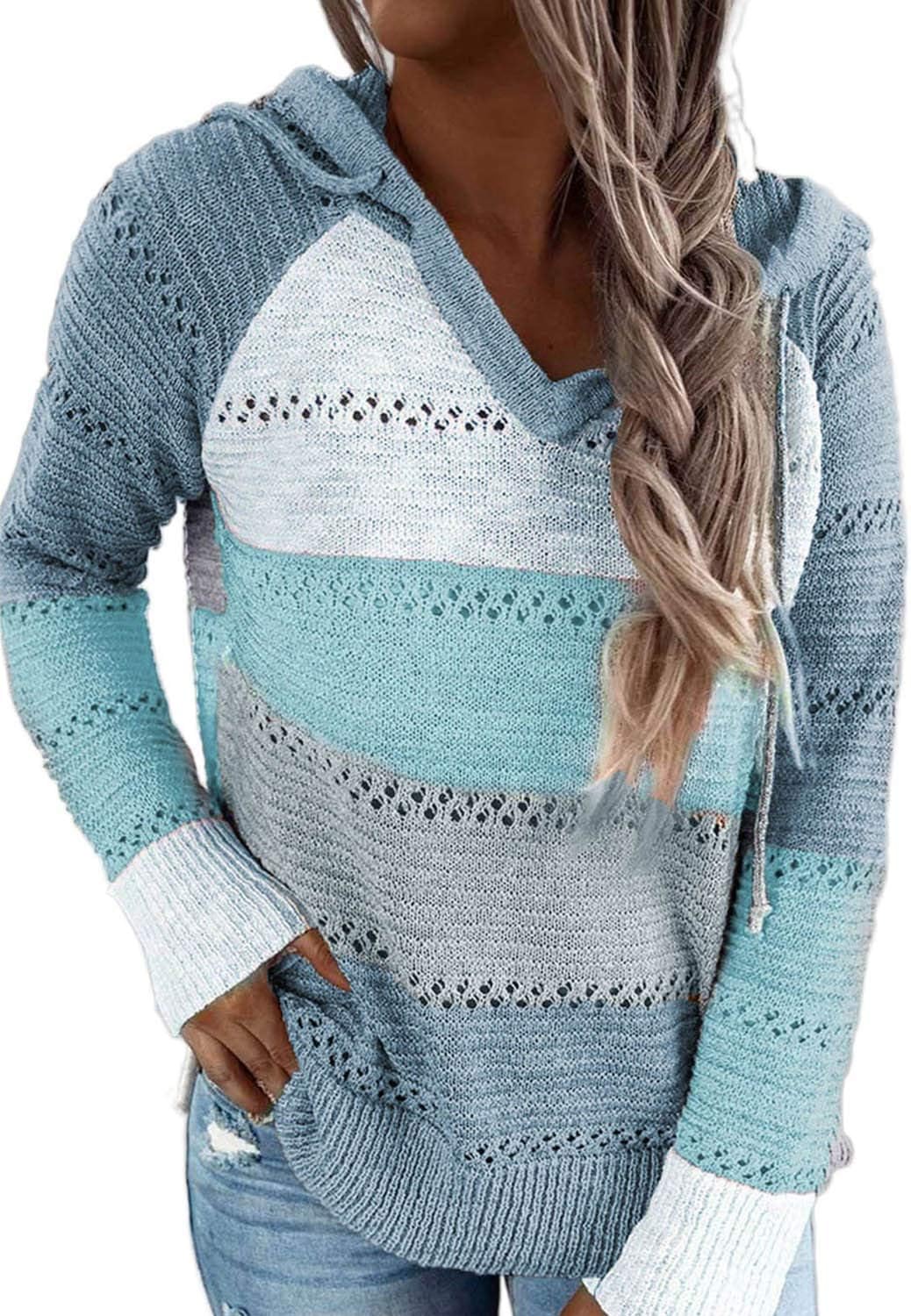 BLENCOT Women Color Block Hooded Crochet Striped Sweater Review