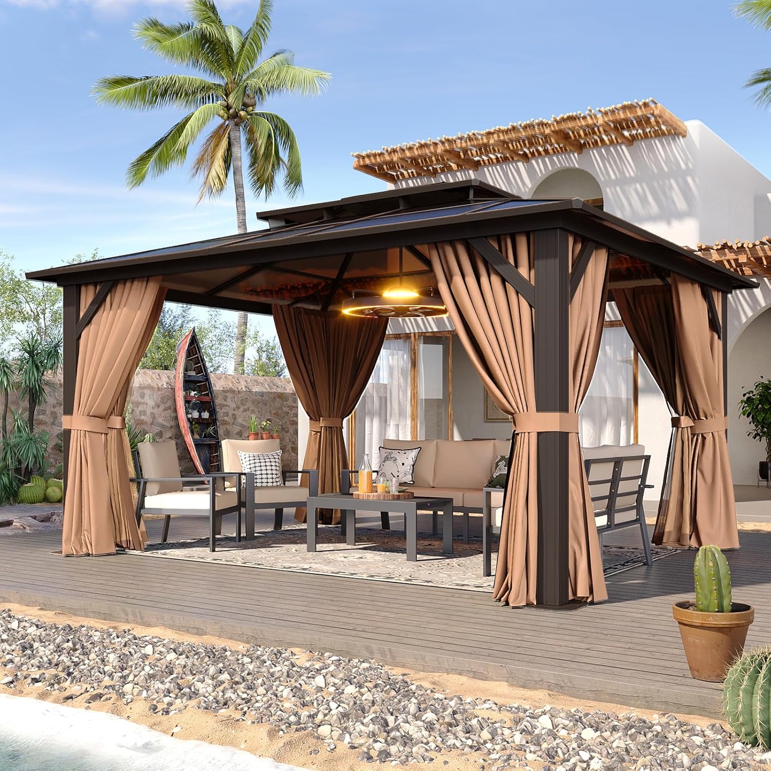 Aoxun 12ftx10ft Hardtop Gazebo with Curtains and Netting