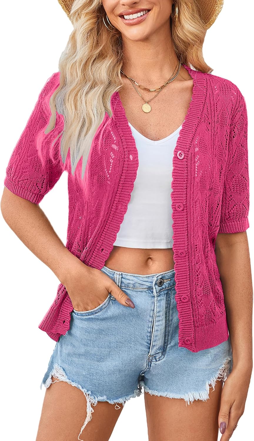 Yekaty Womens Short Sleeve Crochet Summer Cardigan for Dress