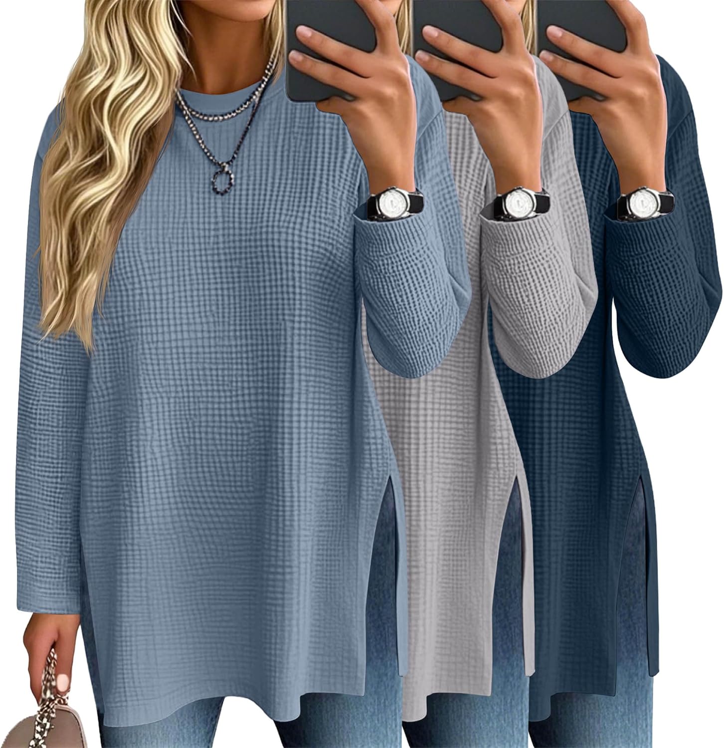 3 Pack Women's Waffle Knit Long Sleeve Tops for Casual Style