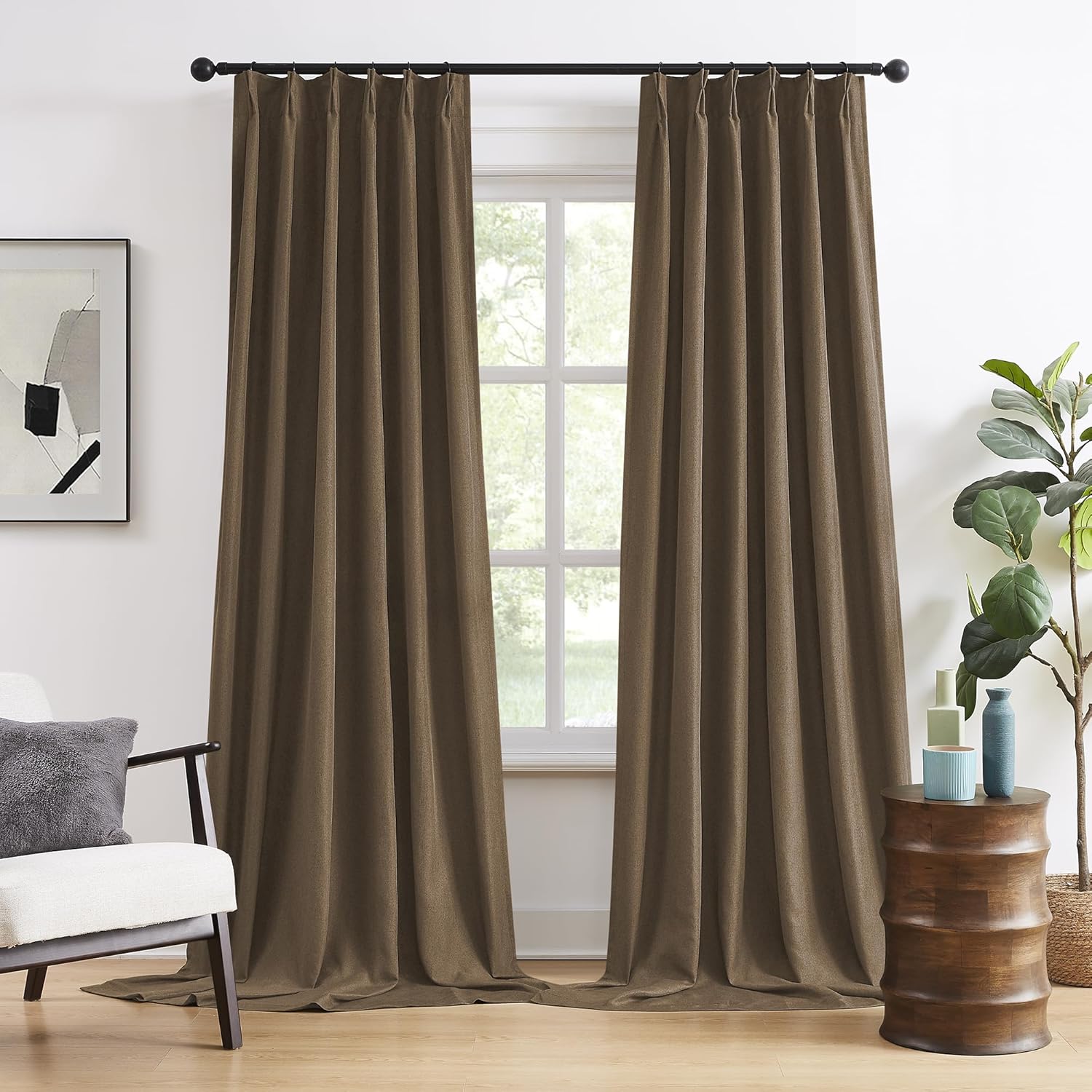 DUALIFE Chocolate Brown Pinch Pleated Blackout Curtains 108 in