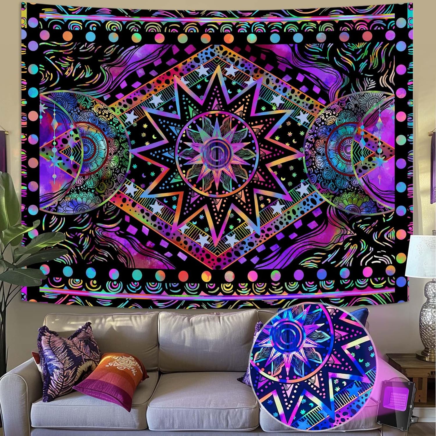 Blacklight Sun and Moon Tapestry for Bedroom Aesthetic Decor
