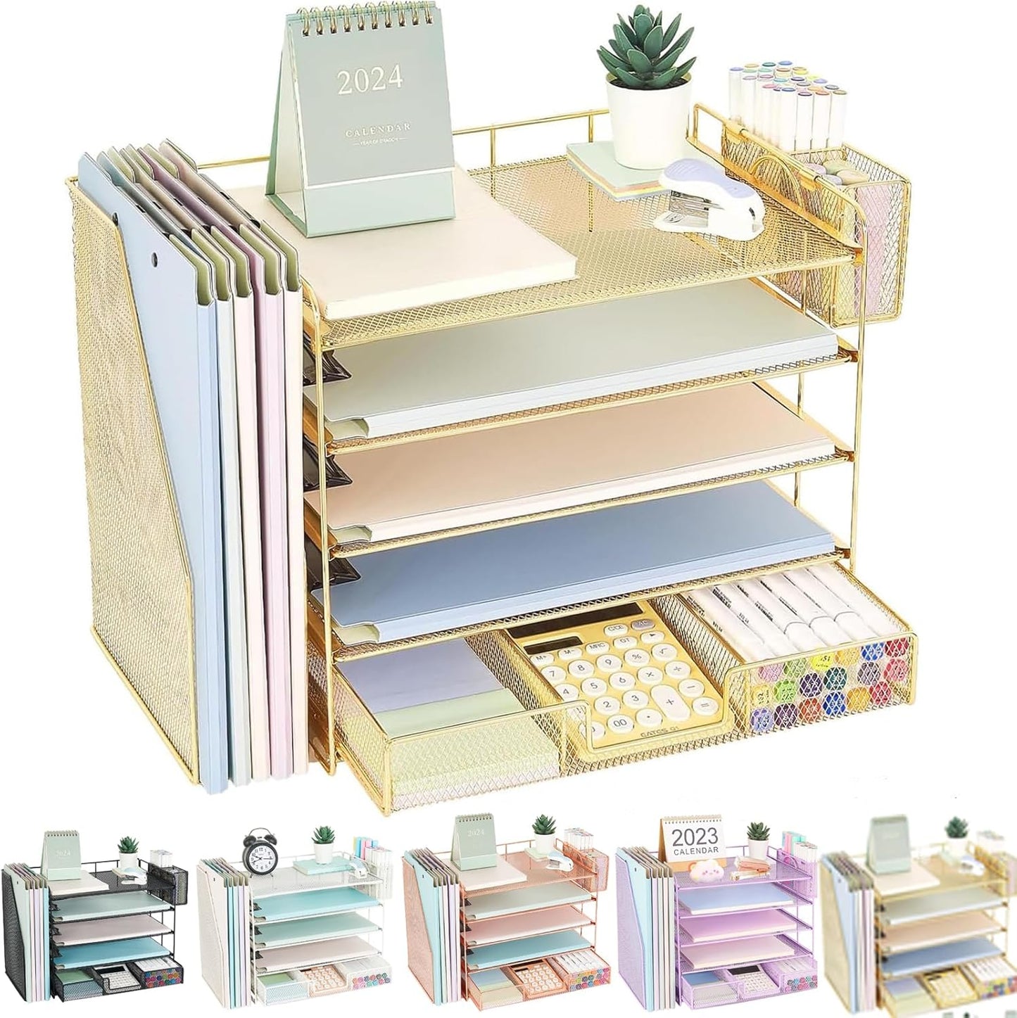 5 Tier Desk Organizer with Vertical File Racks - Gold