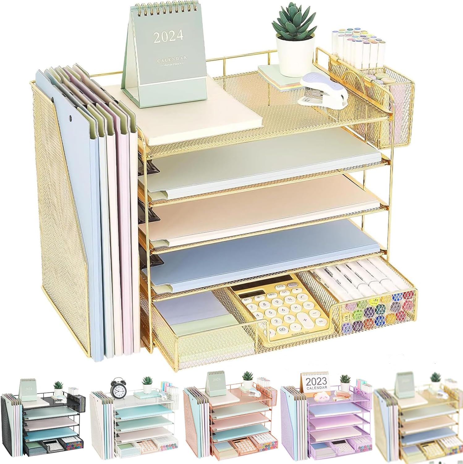 5 Tier Desk Organizer with Vertical File Racks - Gold
