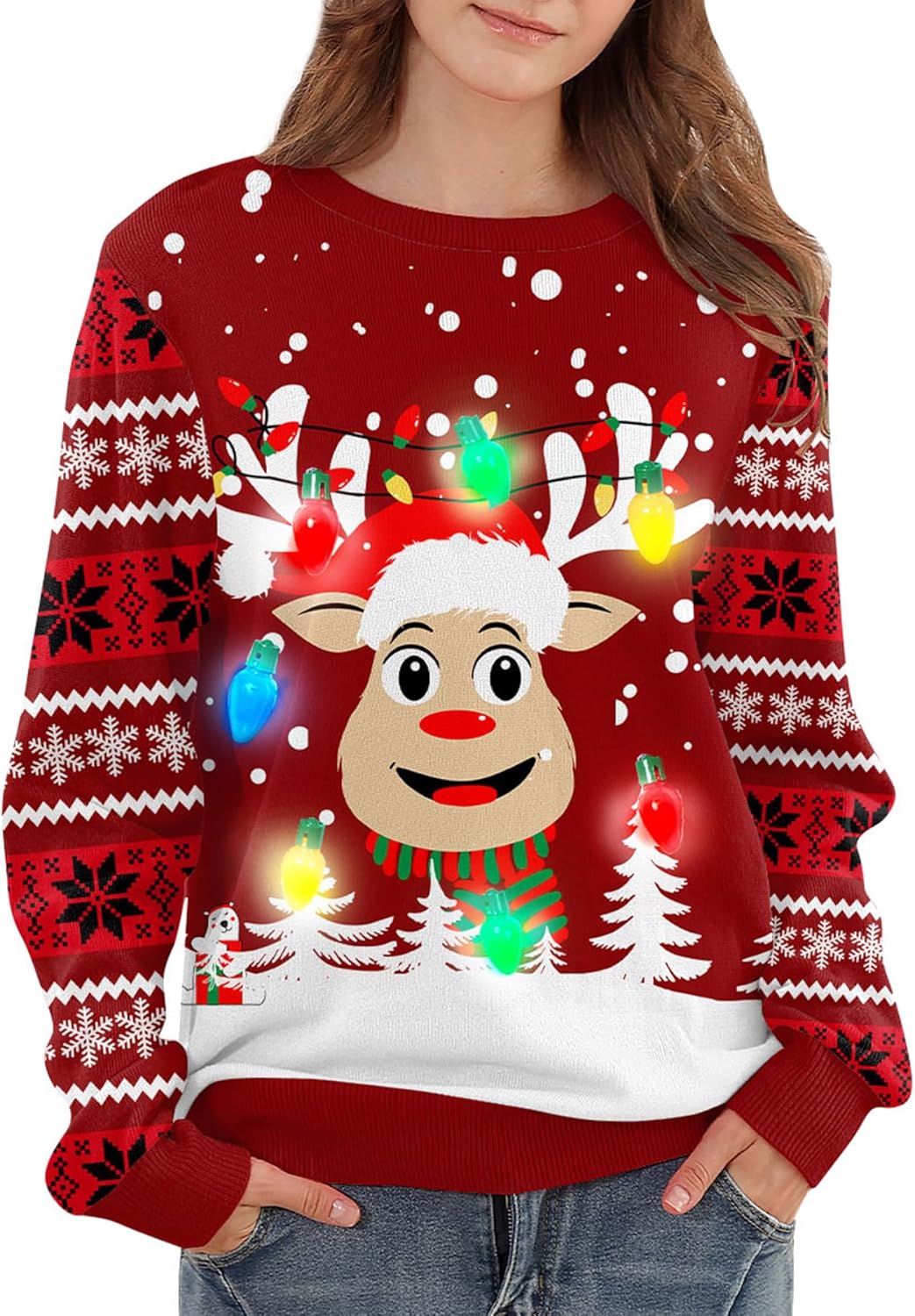 Women Ugly Christmas Sweater with LED Lights for Festive Fun