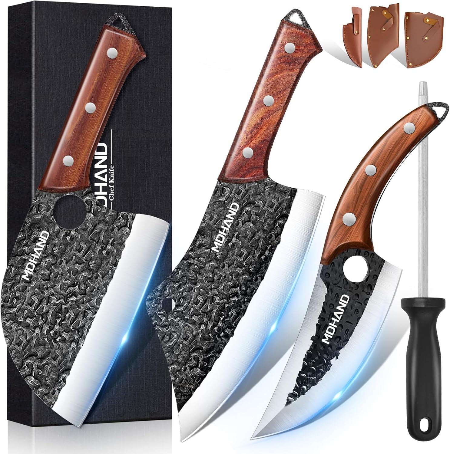 MDHAND Butcher Knife Set: 8PCS Hand Forged Kitchen Knives