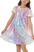 Girls Sequin Dress Shiny Short Flutter Sleeve Midi (Style F2NH)