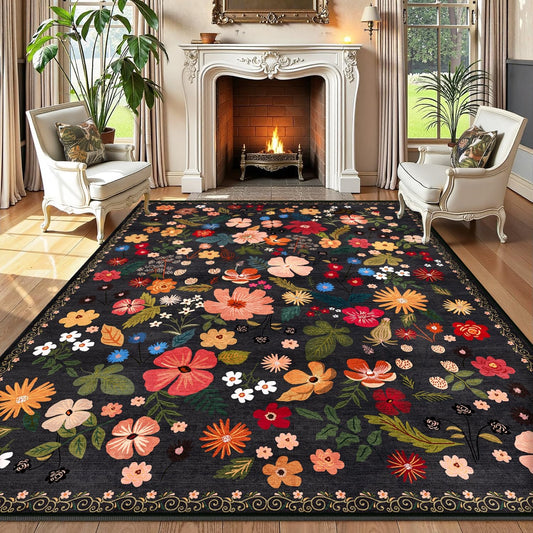6x9 Living Room Rug Machine Washable Soft Faux Fur Vintage Floral