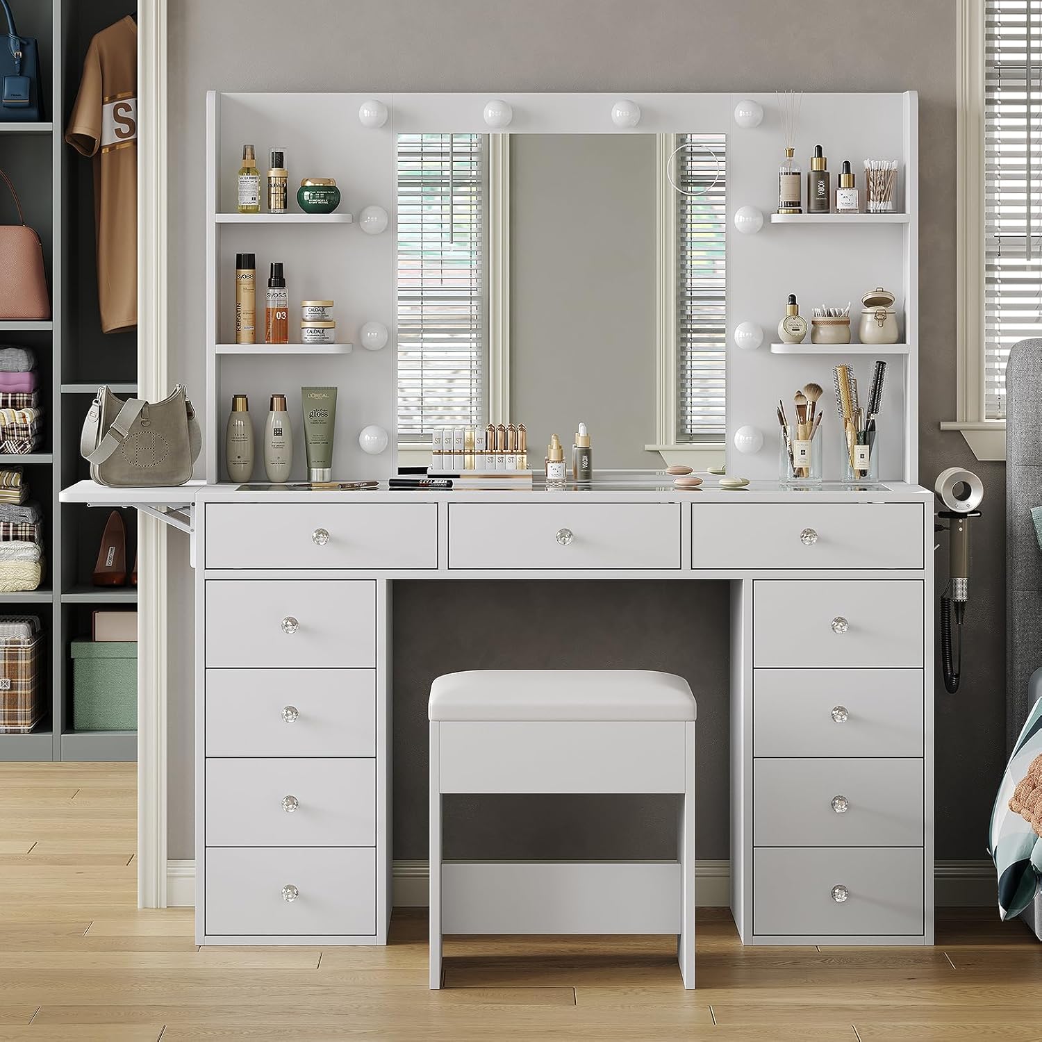 Vanity Desk with Power Outlet & Lighted Mirror - FUSOU