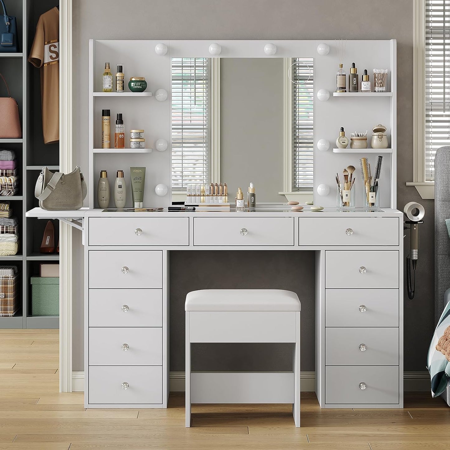Yanosaku Vanity Desk: 3 Color Lights, 11 Drawers, Glass Top
