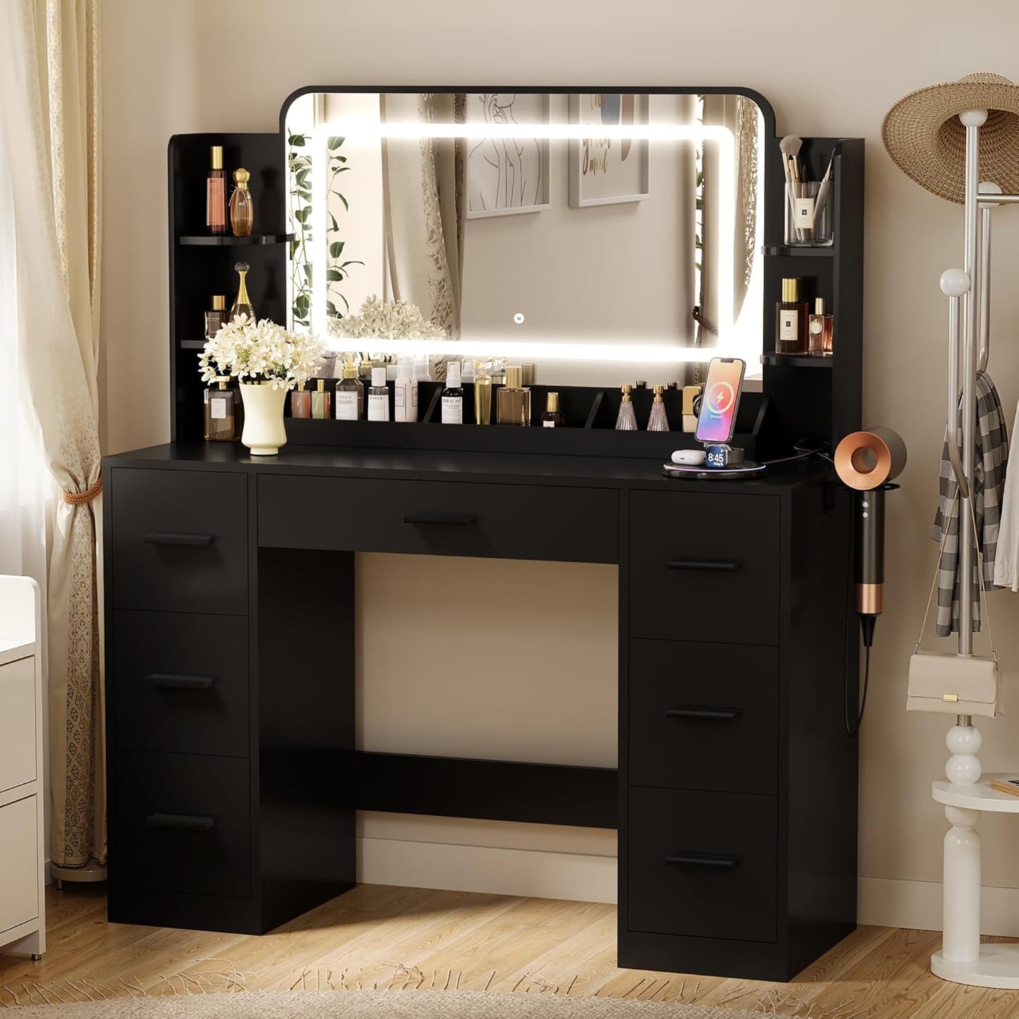 Furmax Vanity Desk with LED Light Strip and Ample Storage