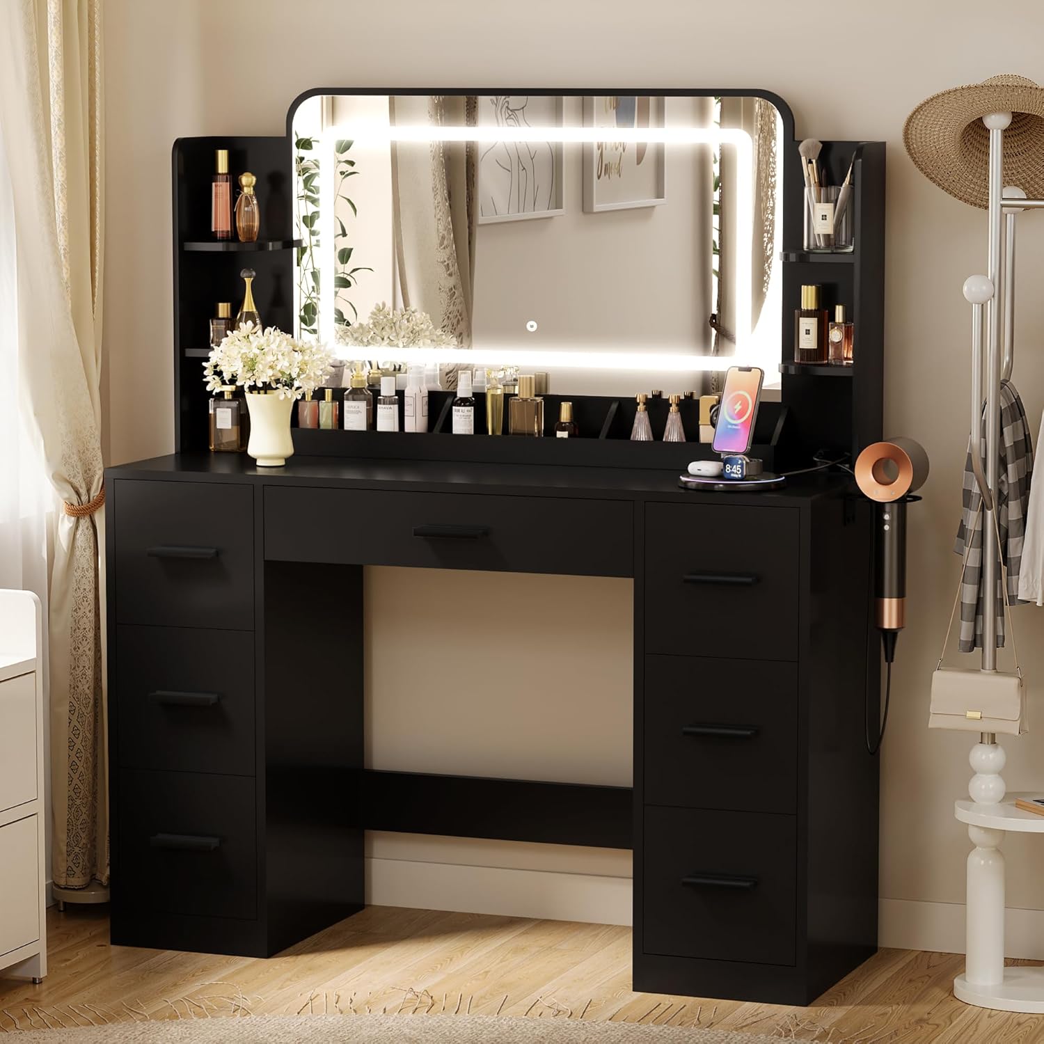 Furmax Vanity Desk with LED Light Strip and Ample Storage