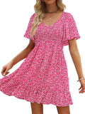 Womens Cute Floral Smocked V Neck Flutter Sleeve Sundress (Style WKJM)