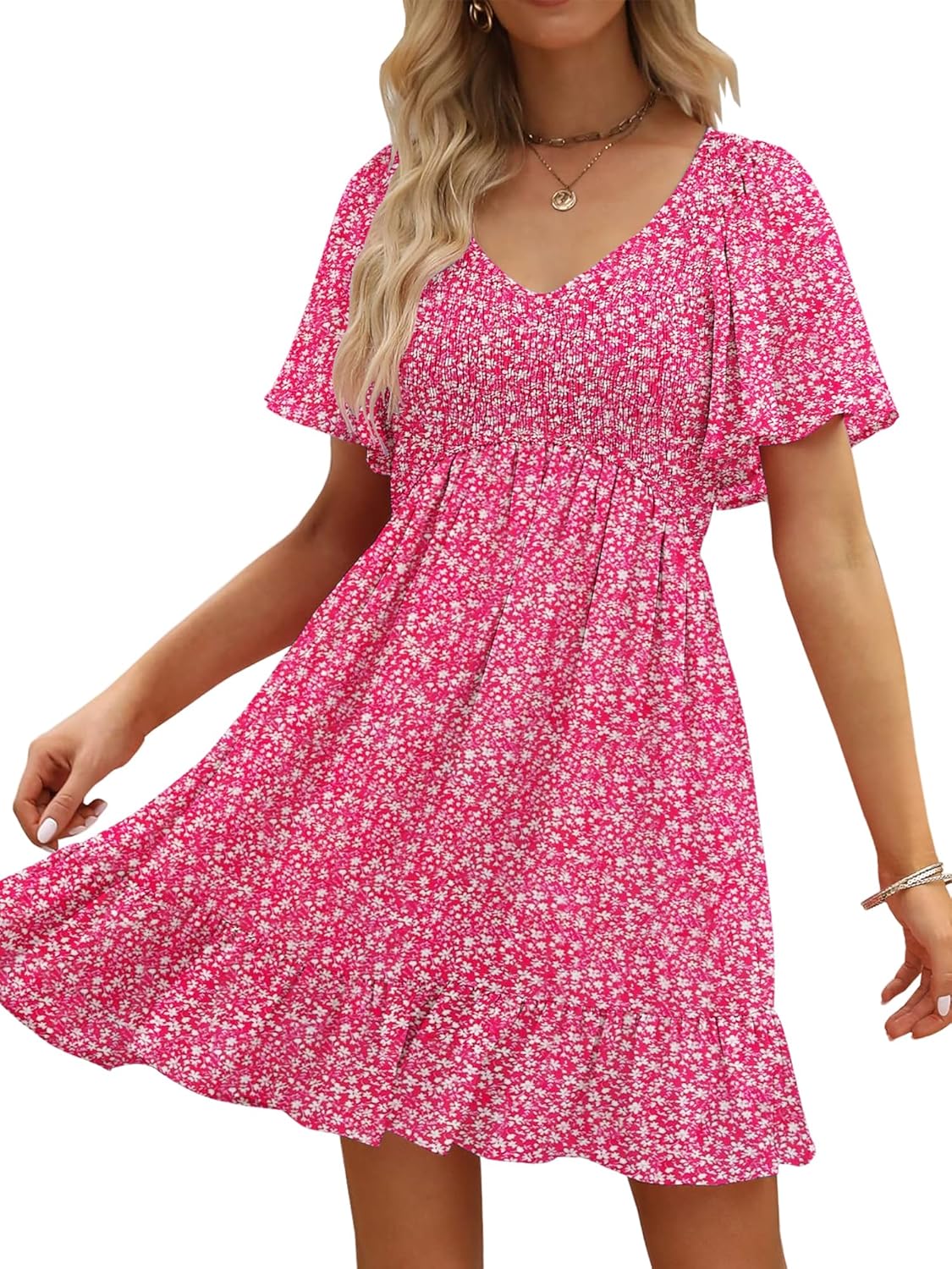 Womens Cute Floral Smocked V Neck Flutter Sleeve Sundress