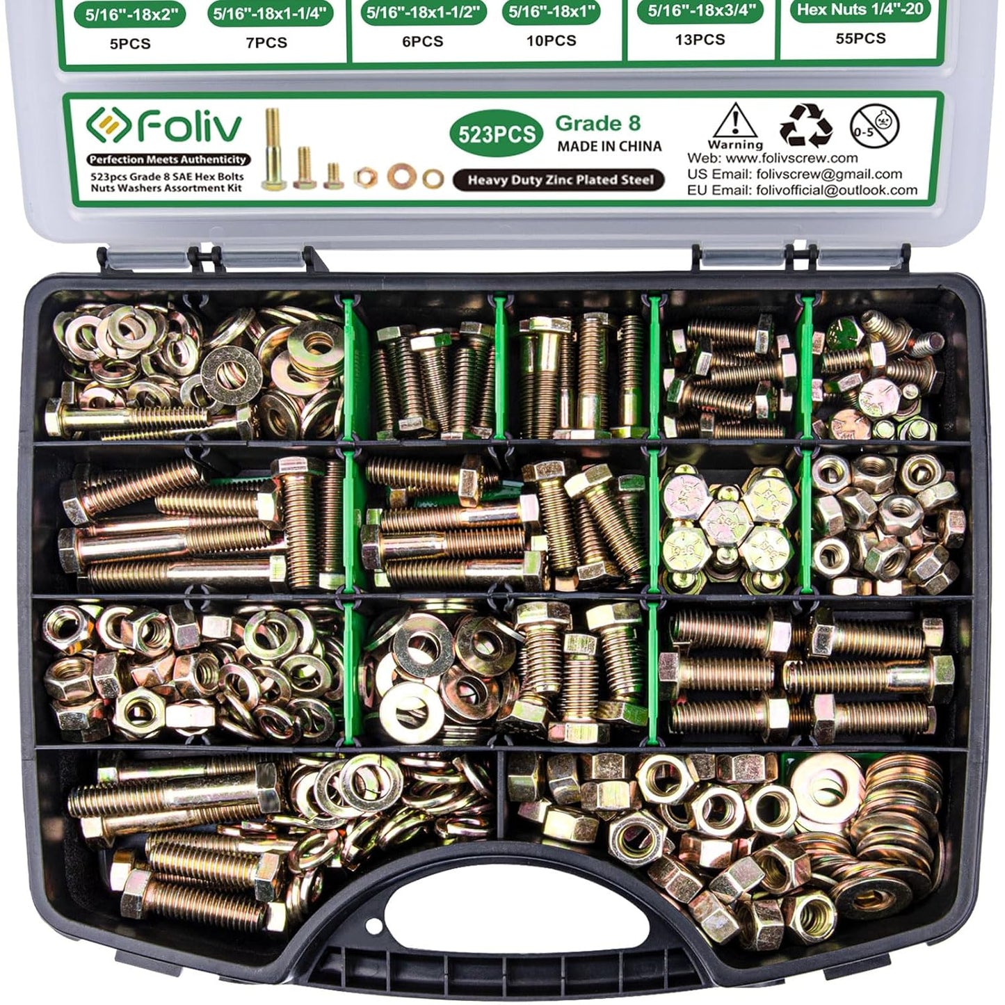 FOLIV 523PCS Grade 8 Heavy Duty Bolts and Nuts Assortment Kit