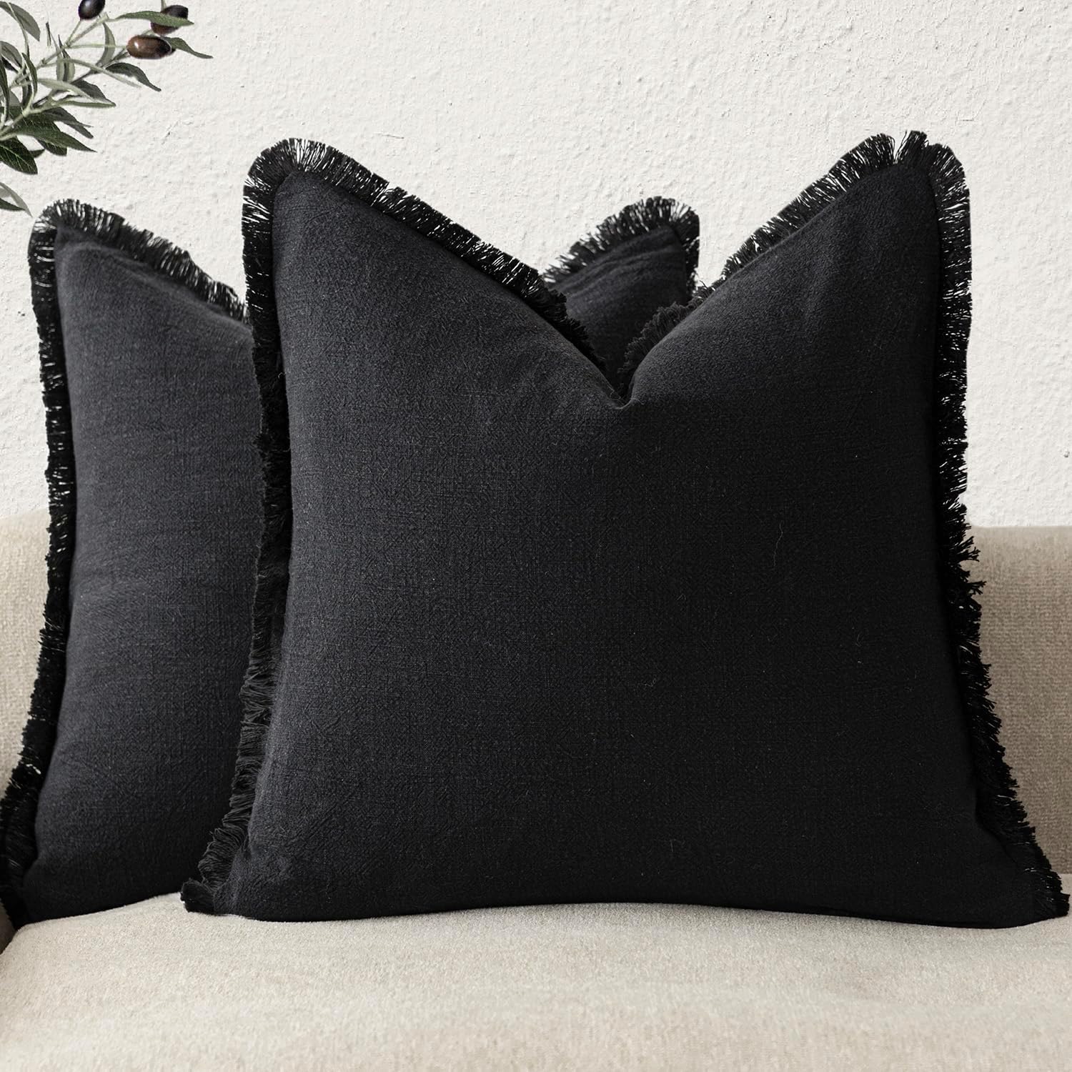 Set of 2 Decorative Linen Fringe Throw Pillow Covers for Cozy Boho