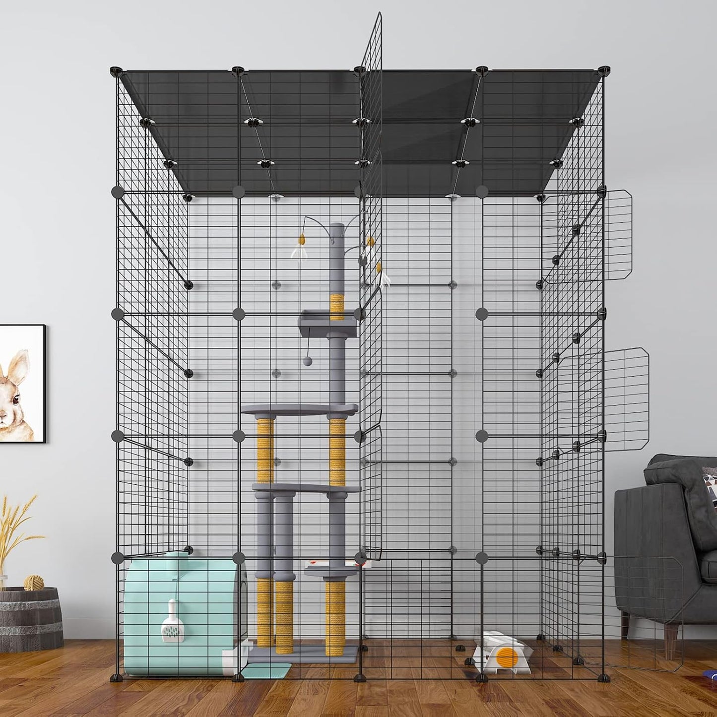 Large Cat Cage Indoor Playpen for 1-4 Cats, 55L x 41W x 69H