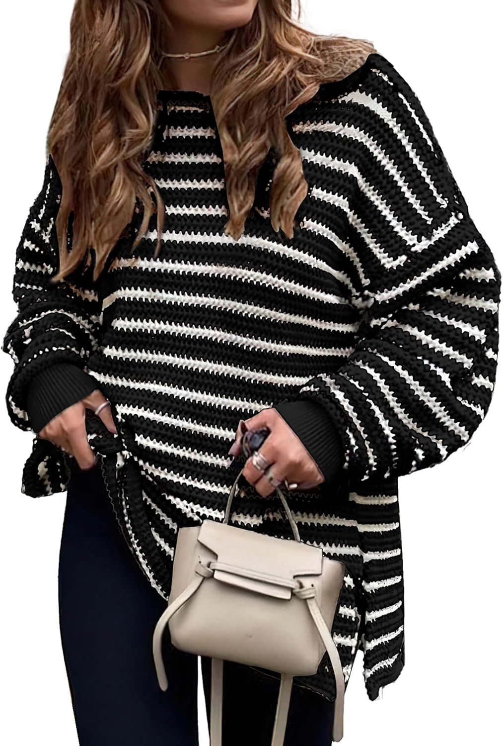 KIRUNDO Women's Oversized Long Sleeve Striped Sweater for Fall