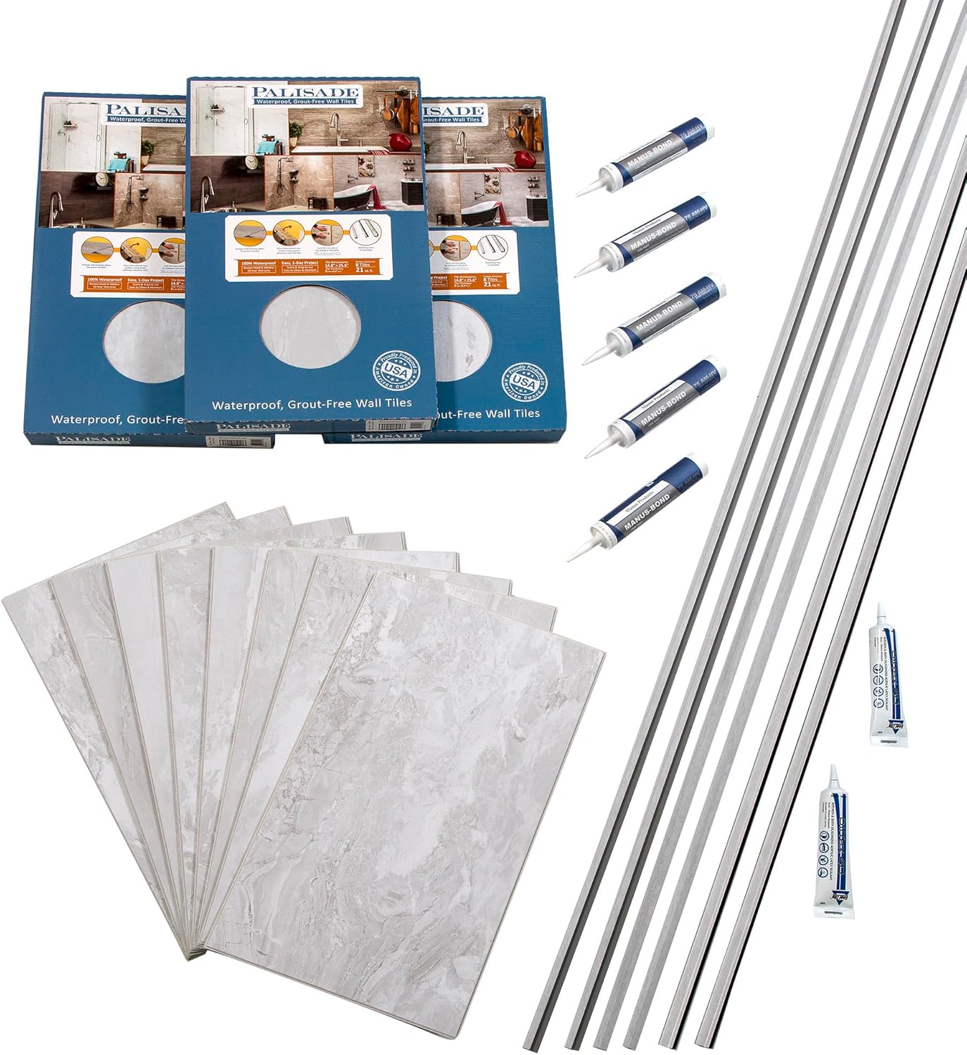 Palisade Interlocking Vinyl Tile Shower Kit in Iced Pewter