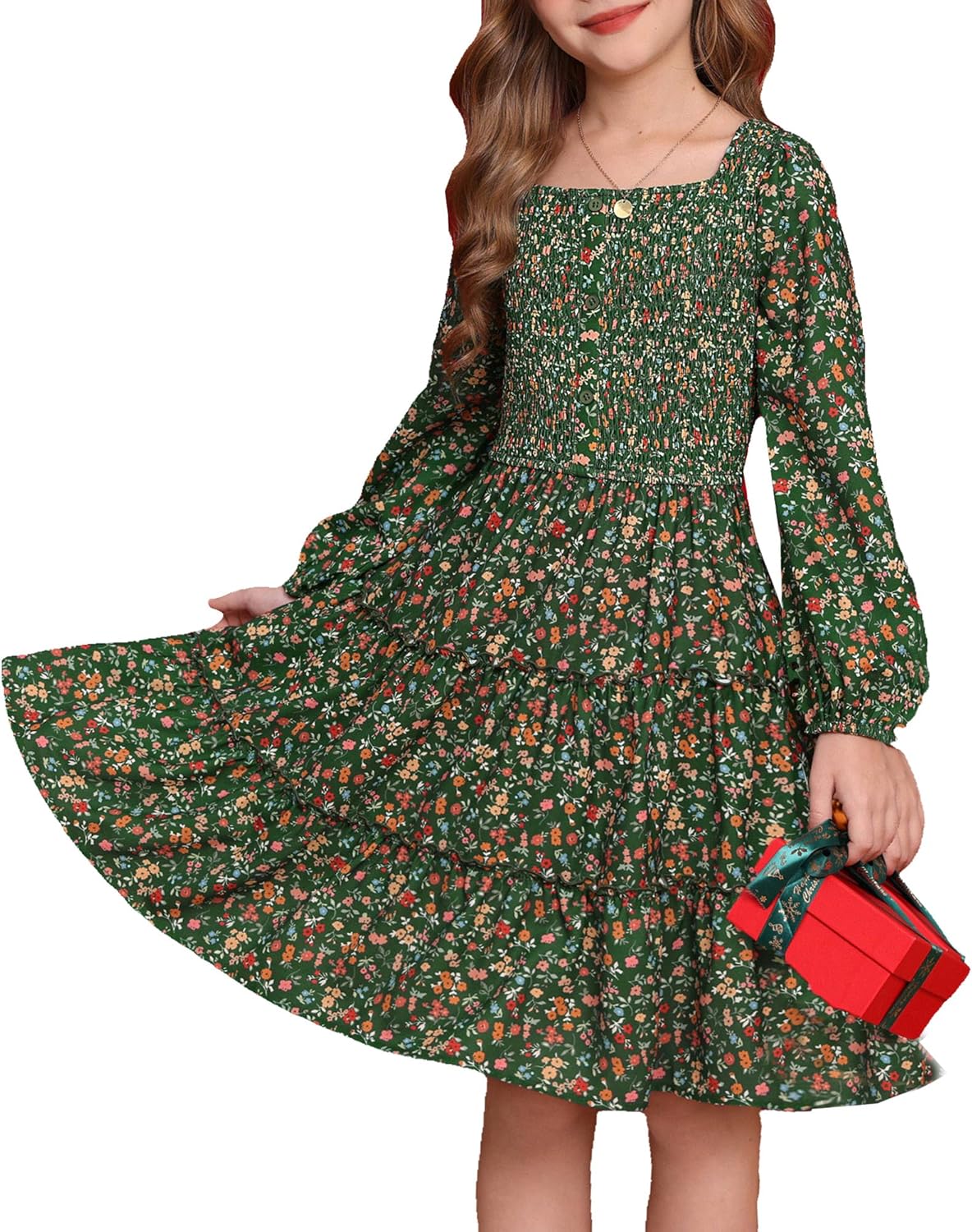 GRACE KARIN Girls Floral Long Sleeve Tiered Dress for Teens