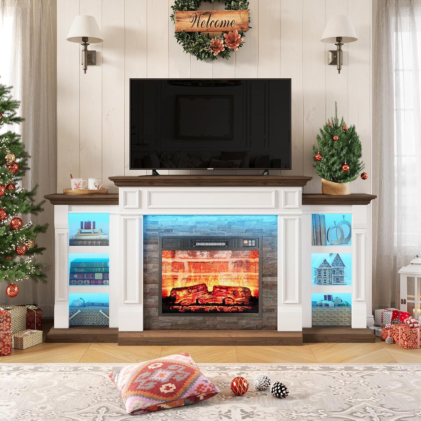 Farmhouse Electric Fireplace TV Stand - Remote Control, Storage, Realistic Stone
