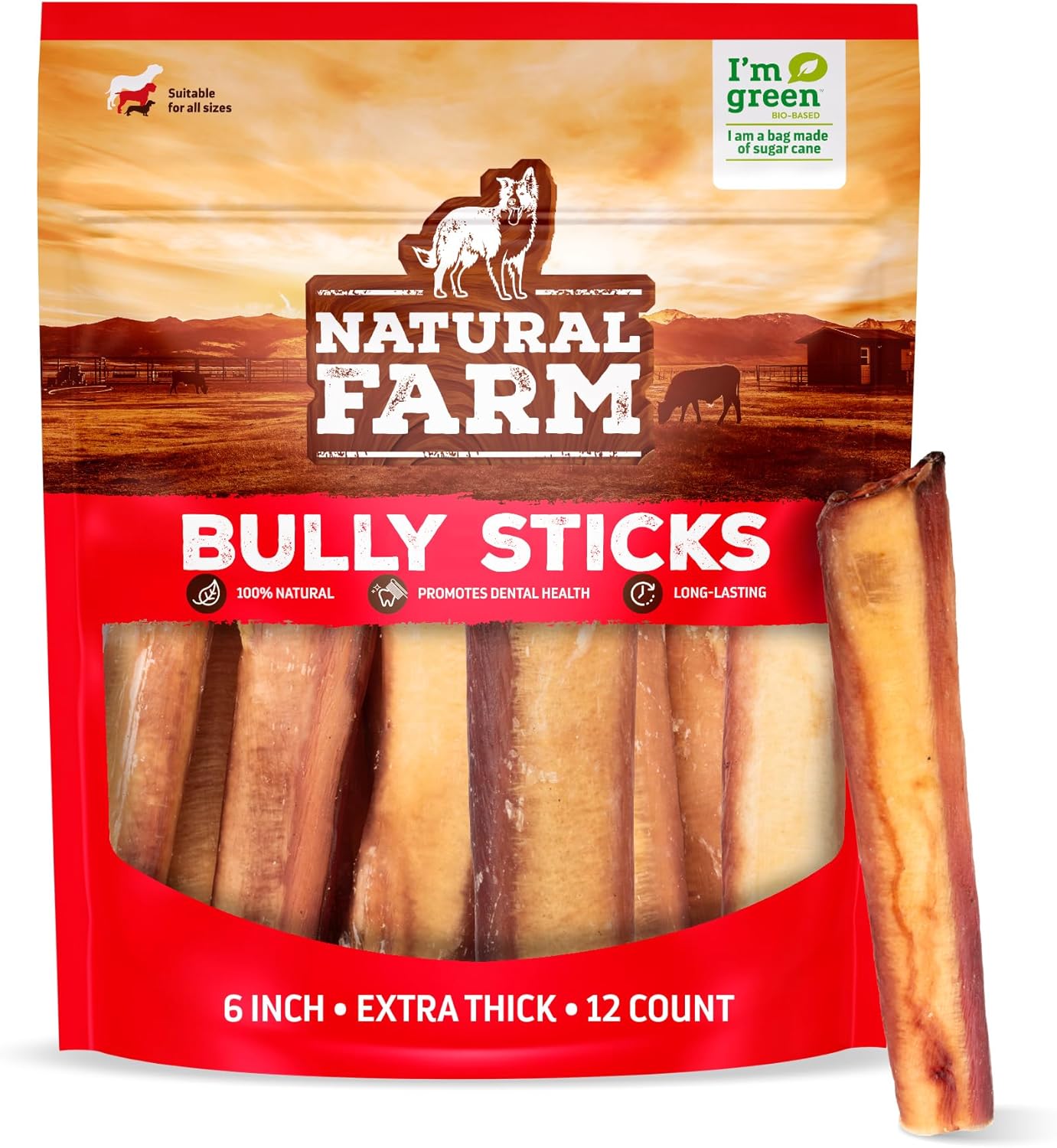 Natural Farm Jumbo Bully Sticks for Dogs - Odor Free Chews