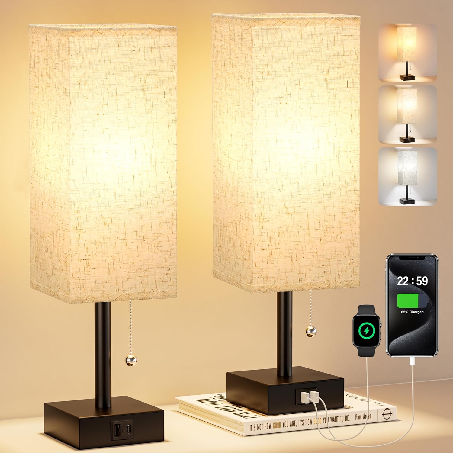 Stylish Bedside Lamps Set of 2 with USB Charging Ports