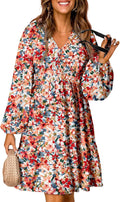 Boho Floral V Neck Long Sleeve Smocked Waist Mini Dress - Flattering