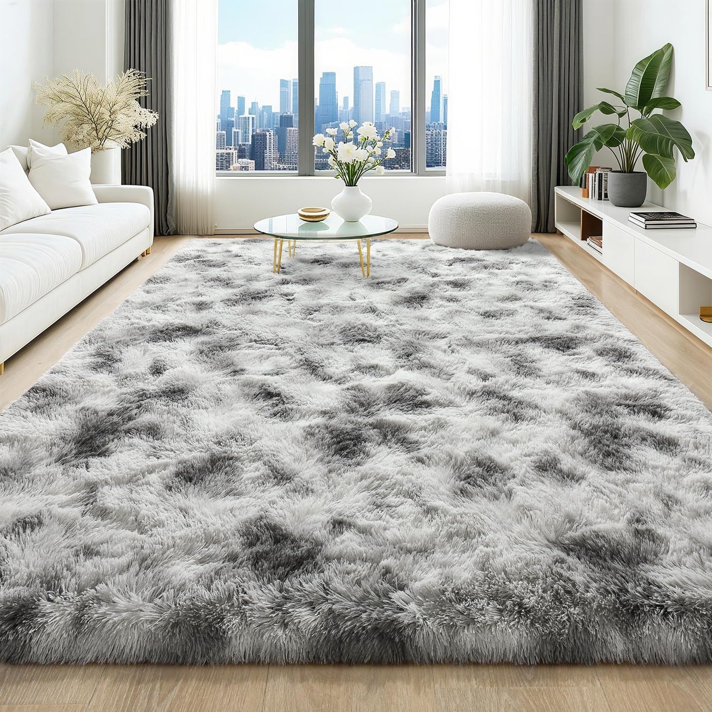 HQAYW 8x10 Fluffy Tie-Dyed Grey White Area Rug for Home Decor