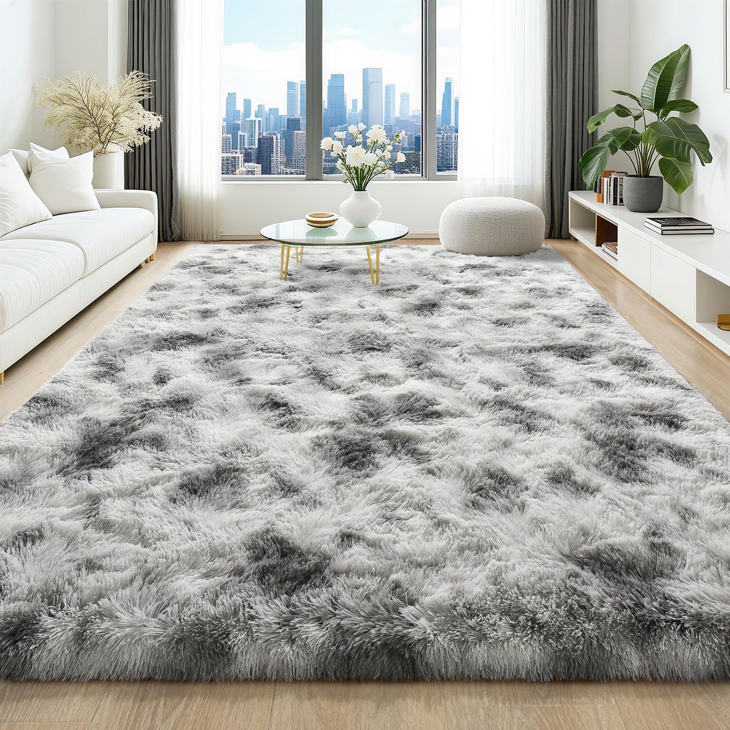 HQAYW 8x10 Fluffy Tie-Dyed Grey White Area Rug for Home Decor
