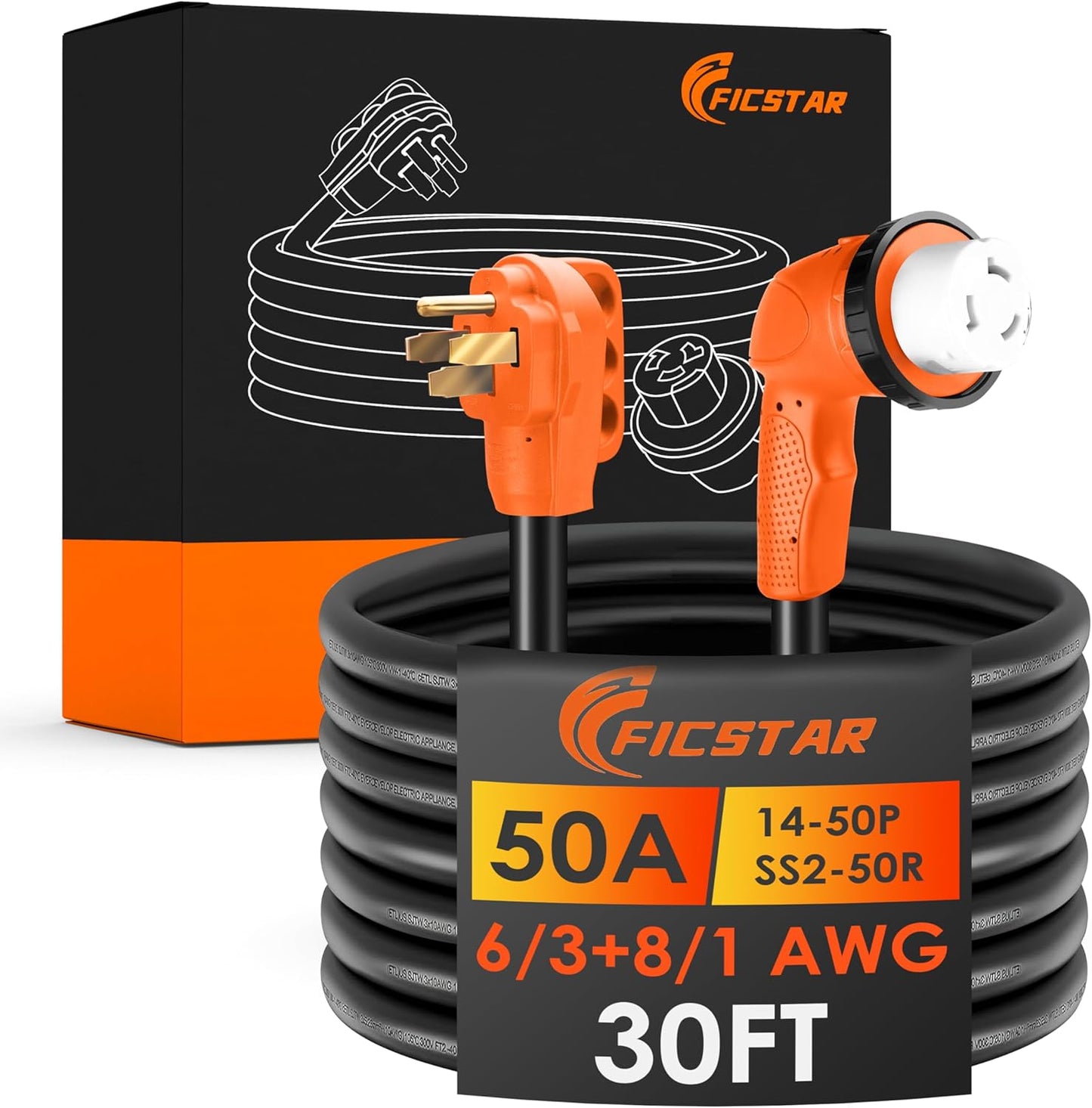 50 Amp RV Extension Cord 30 ft with Grip Handle and LED Indicator