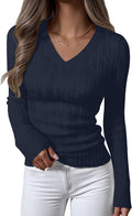 Womens Long Sleeve Cable Knit Sweater V Neck Slim Fit - Fall Work Top