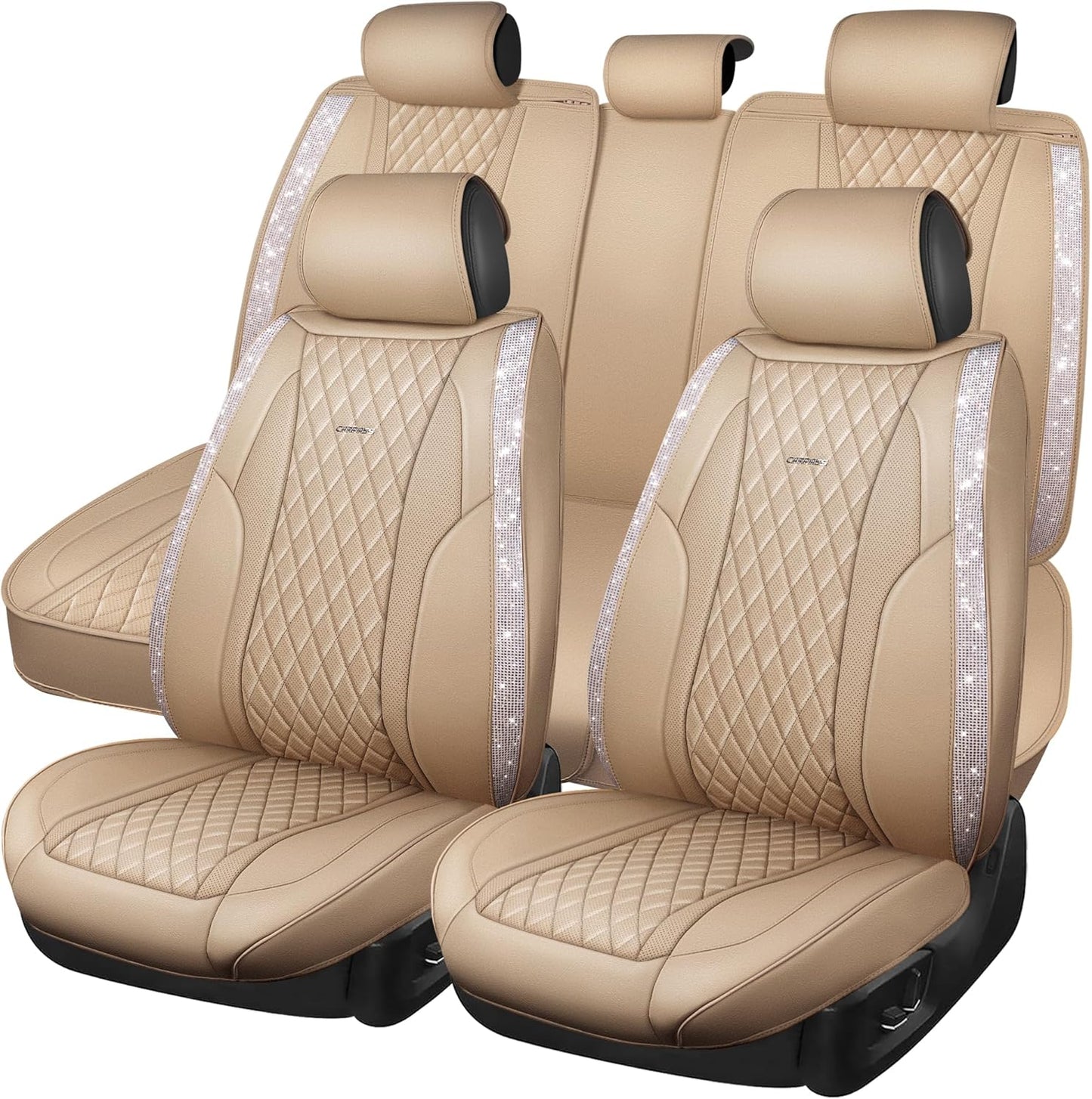 Bling Car Seat Covers Full Set - Luxury Beige Leather Comfort
