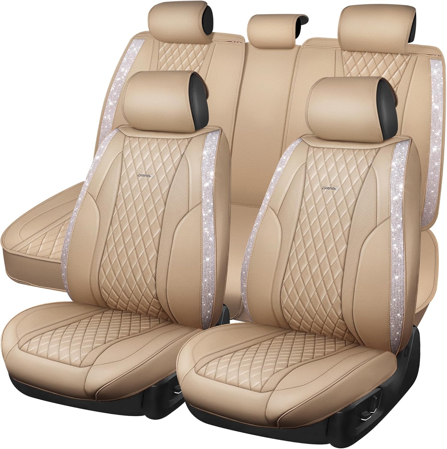 Bling Car Seat Covers Full Set - Luxury Beige Leather Comfort
