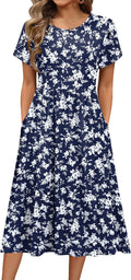 Women's Summer A-Line Midi Dress - Flowy Floral T-Shirt Sundress