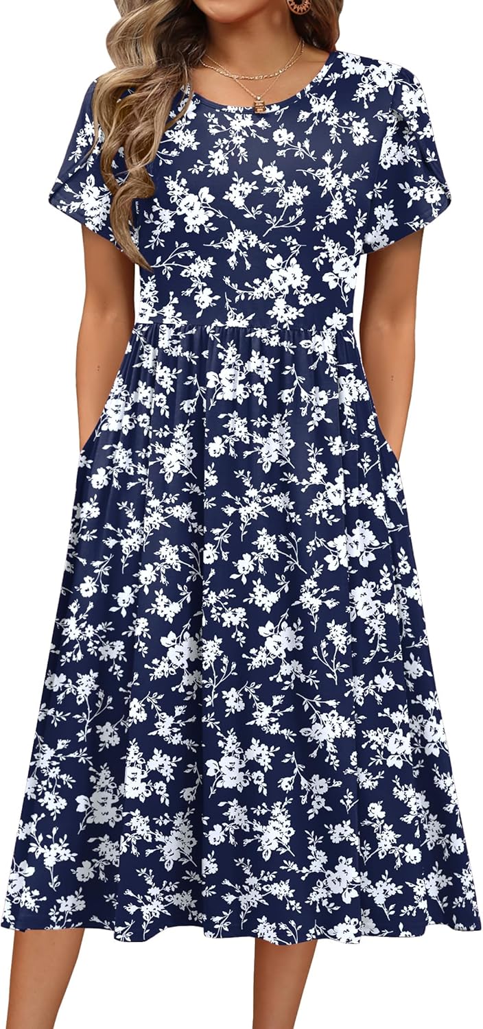 HOTOUCH Women's Summer Short Sleeve A-Line Midi Dress with Pockets