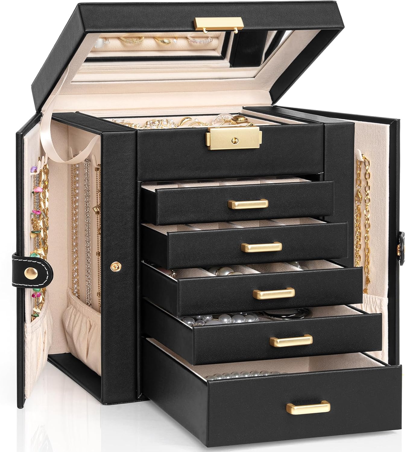 Large 6-Tier Jewelry Box with Lockable Design for Women