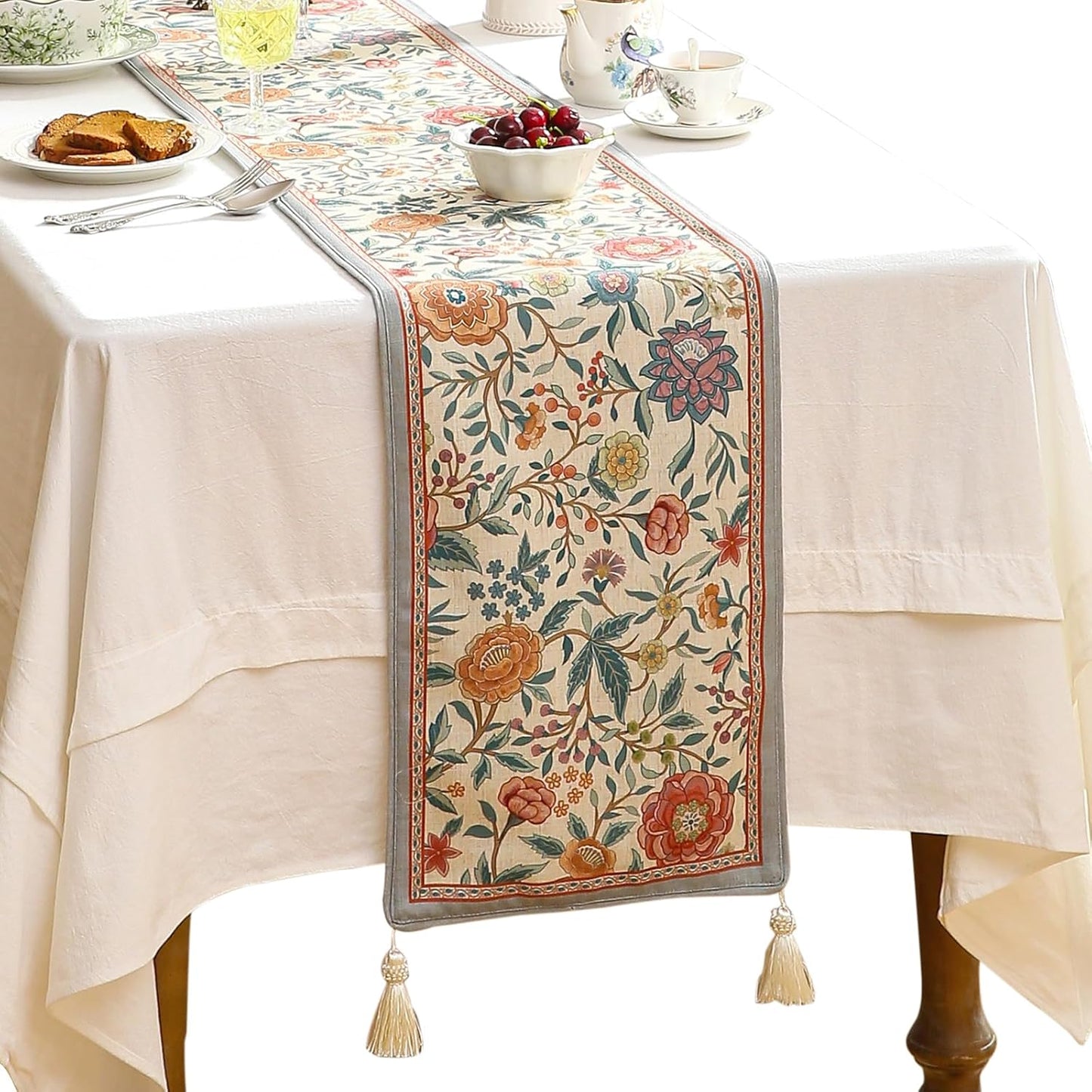 Farmhouse Floral Cloth Runner for Table - 71 Inch Decorative Linen